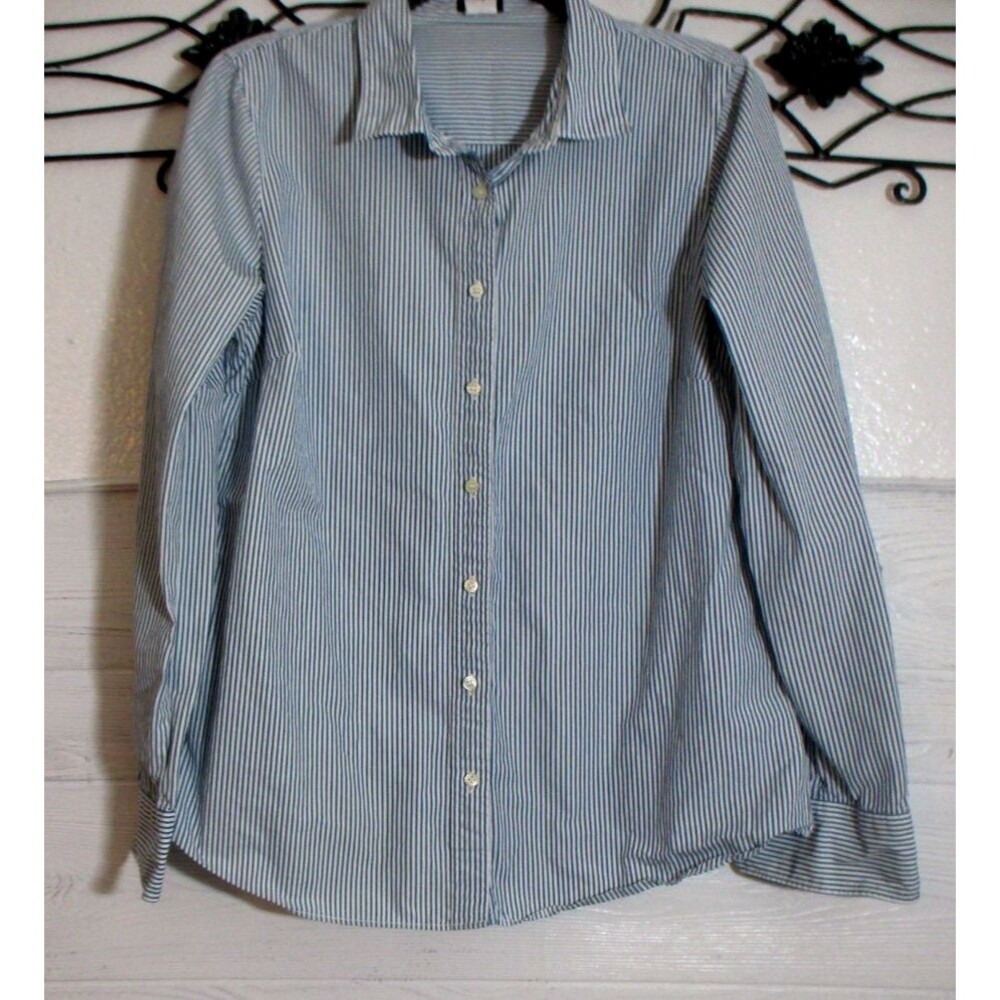 J Crew Button Up Top Women's Size L Blue Striped Long Sleeve